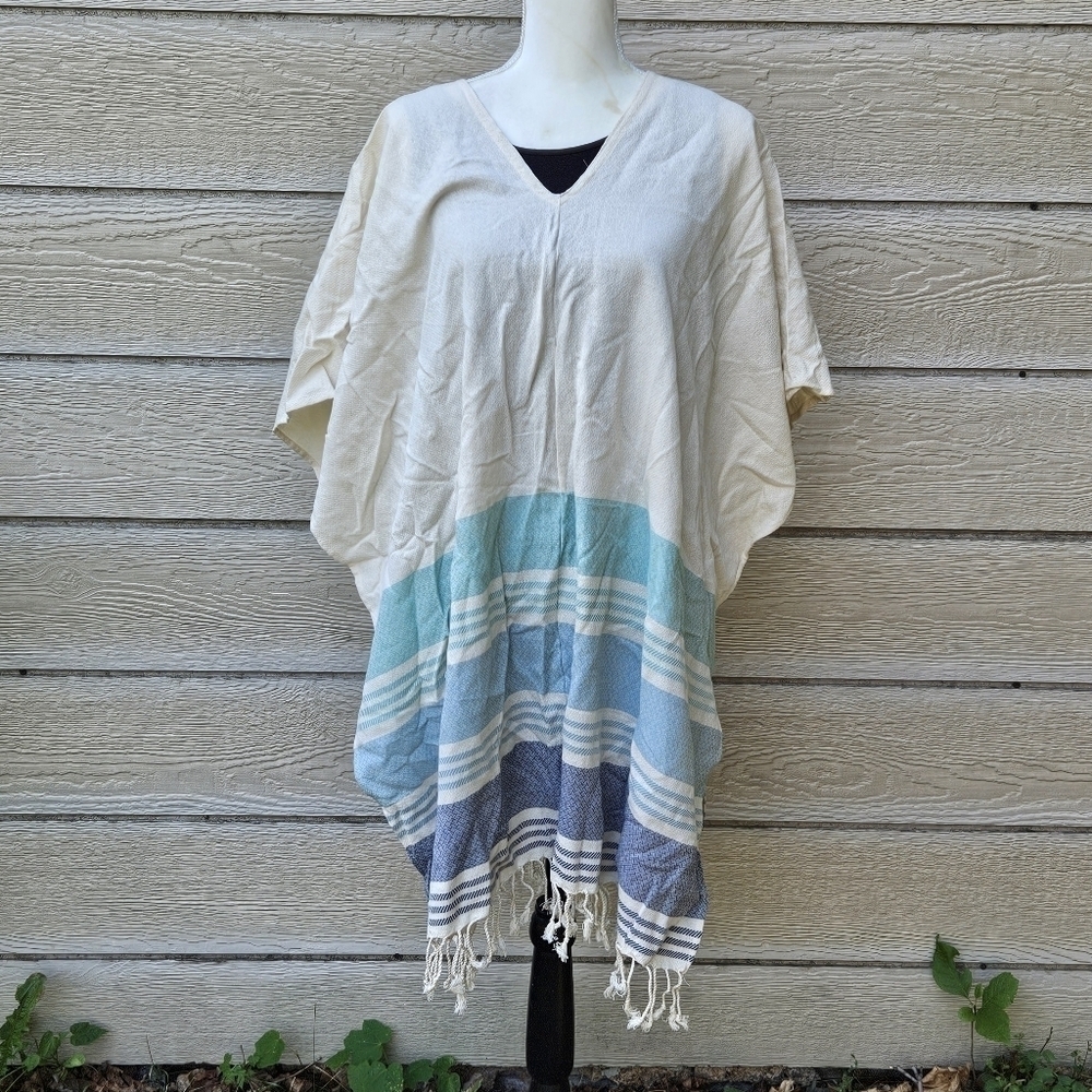 Tribe Alive beige poncho swim cover with blue and green stripes